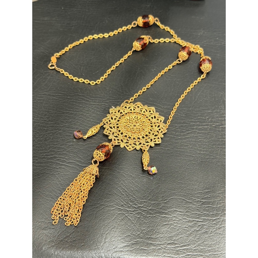 Vintage Accessocraft NYC Filigree Medallion Tassel Runway Necklace Glass Beaded